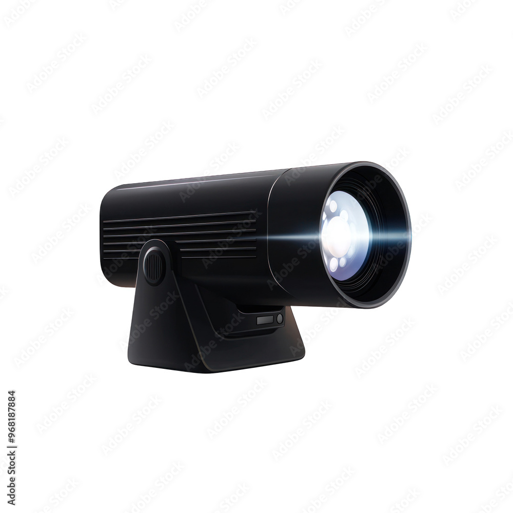 Poster a sleek black spotlight featuring a powerful led beam, perfect for illuminating spaces and creating 