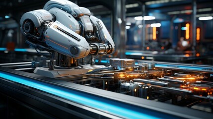 Fototapeta premium An advanced automated spacecraft production facility utilizes sophisticated robotics for assembly