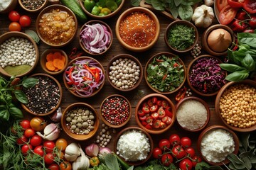 Fototapeta premium Many bowls of different vegetables and spices on a table