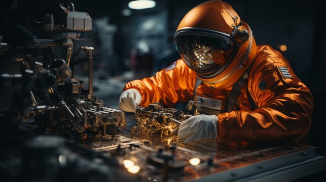 Engineers in spacesuits work on spacecraft assembly during a late-night operation in a lab
