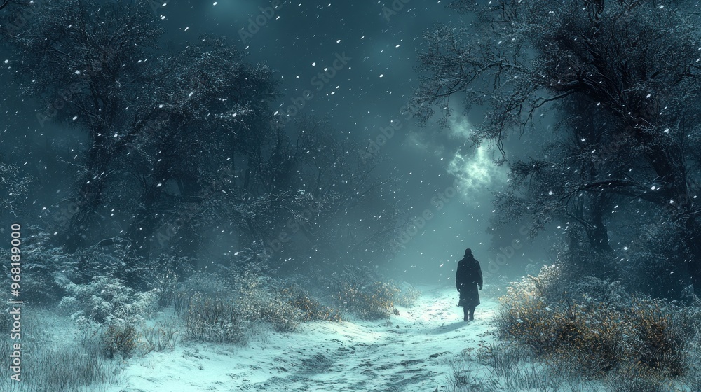 Canvas Prints A solitary figure walks through a snowy, ethereal forest landscape.