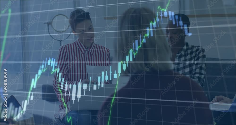 Poster animation of financial data processing over diverse colleagues discussing work in office