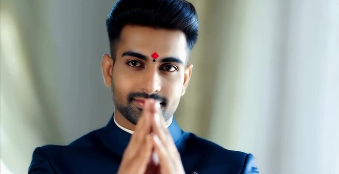 Handsome man greeting with his hands joined, namaste. showing namaste gesture by looking camera during festival celebration - concept of welcome, greetings, copy space