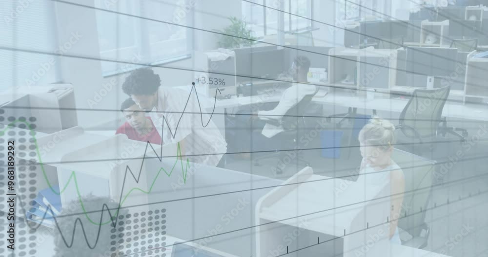Aufkleber animation of financial data processing over diverse colleagues discussing work in office