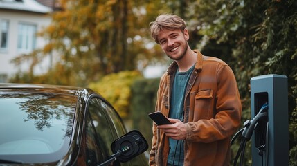 Naklejka premium Young man smiling while charging an electric vehicle at a home charging station in a residential neighborhood
