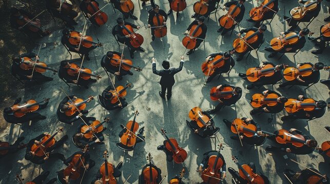 Overhead view of a conductor directing a large orchestra with musicians playing string instruments