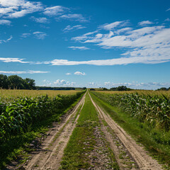 Fototapeta premium Dirt road through maize green field under blue sky