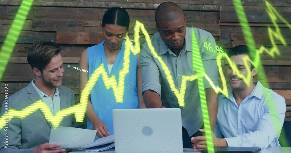 Poster animation of financial data processing over diverse colleagues discussing work in office