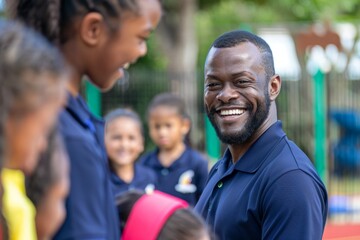 Obraz premium A man in a blue shirt is smiling at a group of children