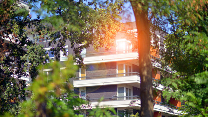 European residential architecture harmonizing with nature. Eco-friendly living in city with greens....