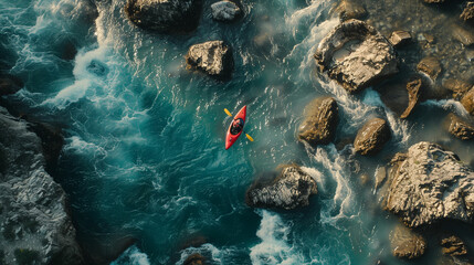 Aerial view of a red kayak navigating a rocky river