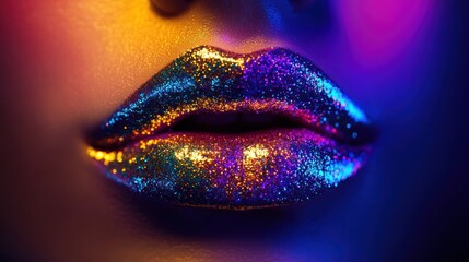 Closeup of Glittery Lips in Neon Lights