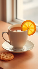 Warm cup of tea with lemon slice and cookie by the window on a sunny afternoon