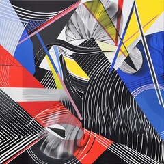 Geometric Abstract Art with Bold Shapes and Contrasting Colors, Featuring Intricate Line Work and a Sense of Movement