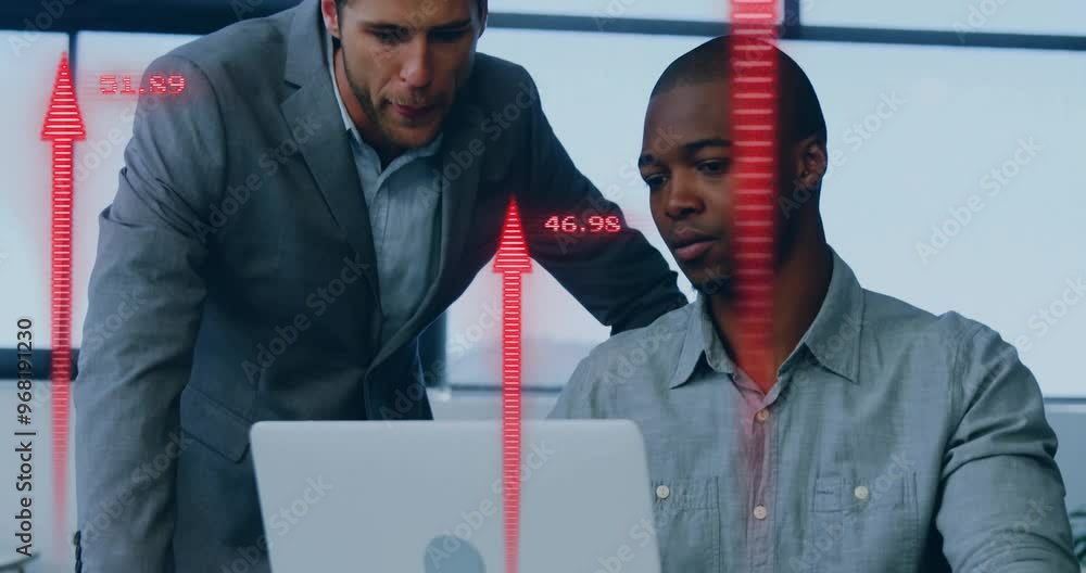 Poster animation of financial data processing over diverse colleagues discussing work in office