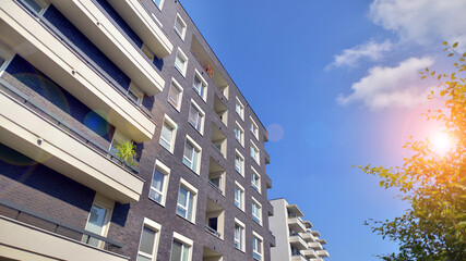 Modern architecture of urban residential apartment building. Apartment building exterior, residential house facade.