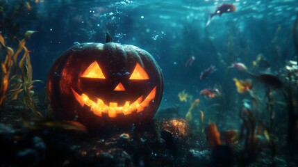 Obraz premium A Carved Pumpkin Lies on the Ocean Floor, Glowing with Light