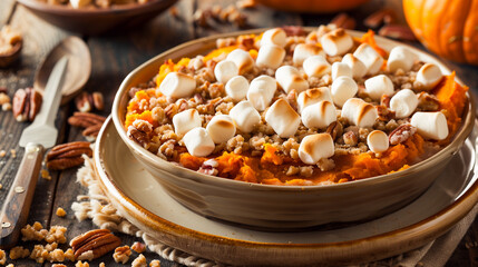 Sweet potato casserole topped with toasted marshmallow