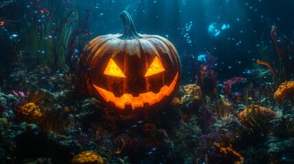 Naklejka premium Luminous Jack-O-Lantern on the Ocean Floor