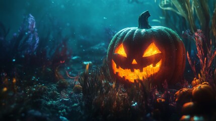 Naklejka premium Glowing Jack-o'-Lantern Undersea in a Halloween-Themed Underwater Setting