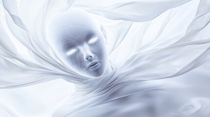 Fototapeta premium Futuristic androgynous human face with glowing lines is coming out of a white digital fabric, suggesting the birth of artificial intelligence