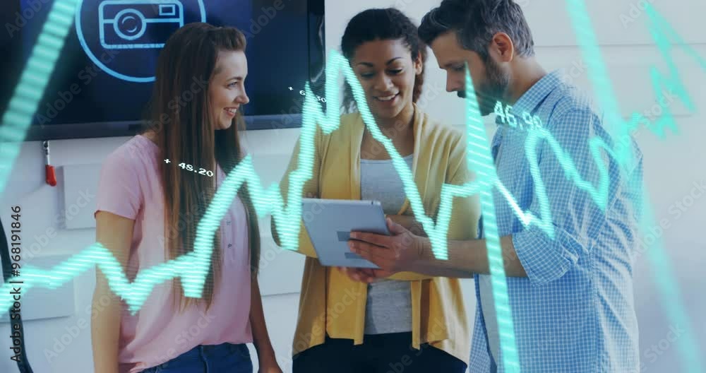 Poster animation of financial data processing over diverse colleagues discussing work in office