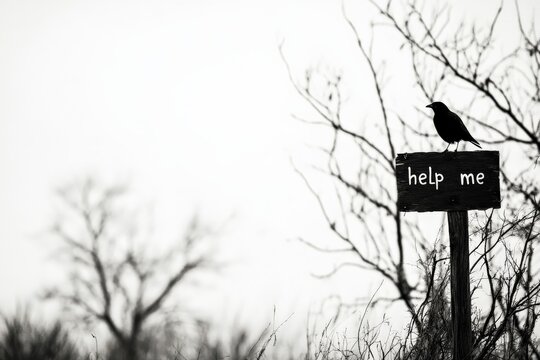 A black and white image of a raven perched on a sign that reads 'help me' against a backdrop of bare trees, evoking themes of loneliness and a call for aid. - Powered by Adobe