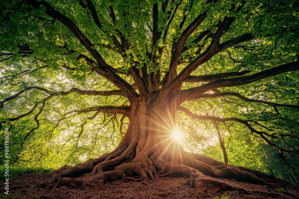 Poster a captivating sunburst effect highlights the gnarled trunk and expansive branches of a majestic tree