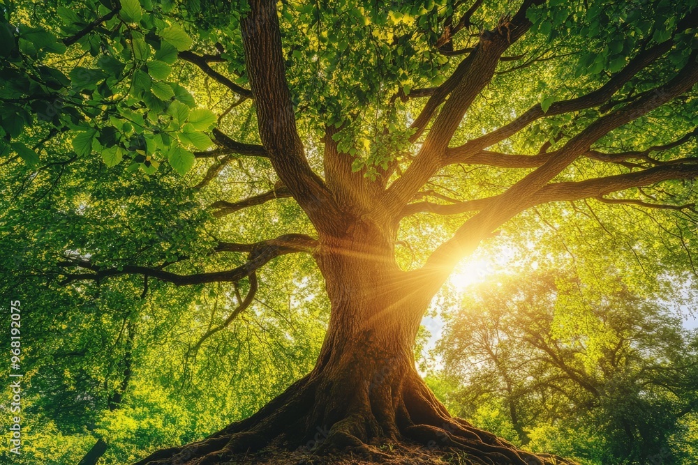 Aufkleber Golden sunlight streams through the composite leaves and twisted branches of a timeless giant tree, enhancing the idyllic atmosphere within the forest setting.