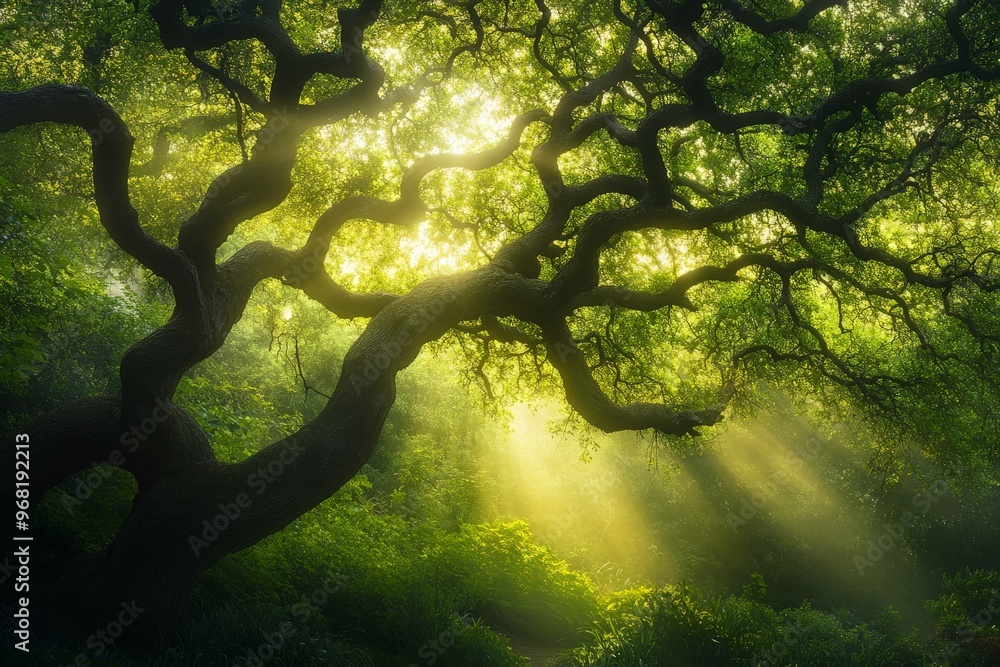 Poster This image captures a tranquil forest scene with an ancient tree and sunlight streaming through the leaves, creating a peaceful and enchanting atmosphere.