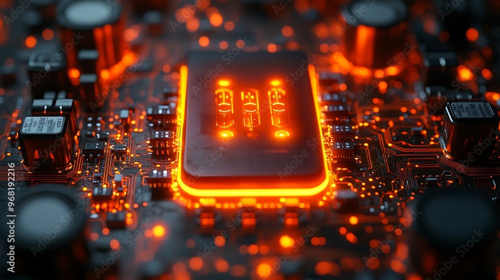Poster close-up of a glowing cpu on a circuit board.