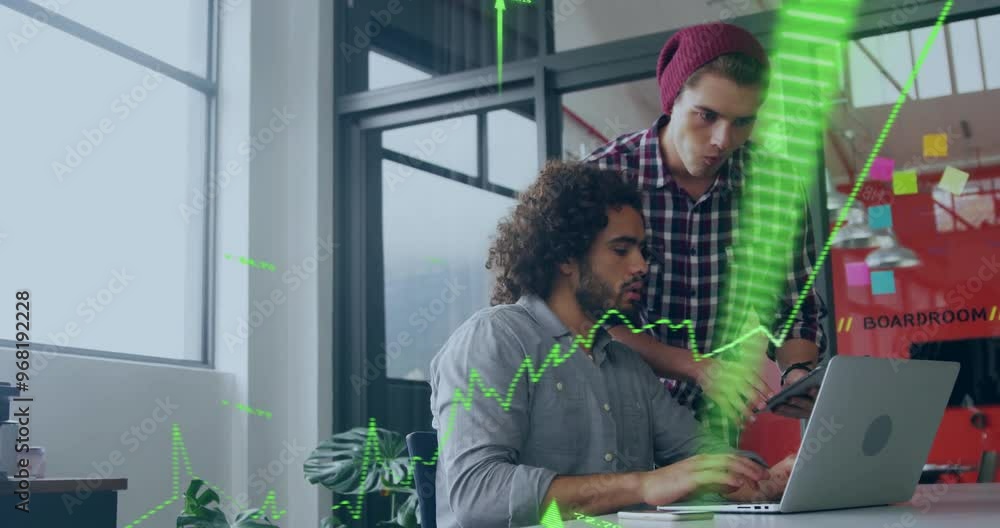 Poster animation of financial data processing over diverse colleagues discussing work in office