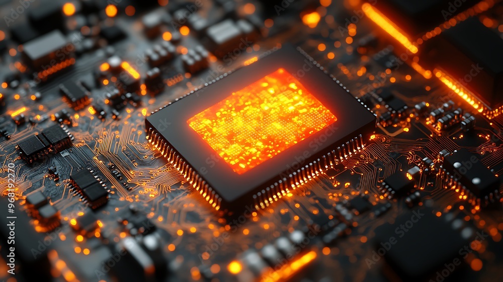 Poster a glowing cpu chip on a circuit board.