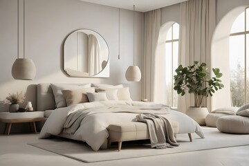 Modern living room, home interior design with comfortable sofa and plants, walls, cozy carpet, and coffee table. Generative AI.