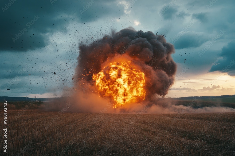Poster a colossal explosive fireball erupts in a landscape at dusk, filling the sky and surroundings with b