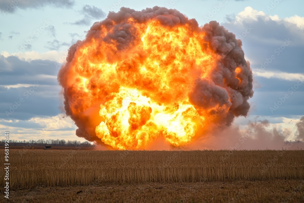 Poster A massive explosion creates a fireball, expanding in an open field with intense brightness and heavy smoke, producing a visually striking and impactful scene. The scene evokes a sense of danger and a