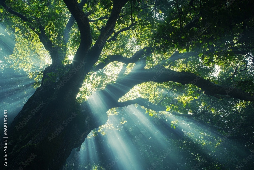 Poster Sun rays beautifully filter through the leaves of a large, ancient tree in a lush forest, creating a magical and serene atmosphere. The scene evokes a sense of wonder and tranquility.