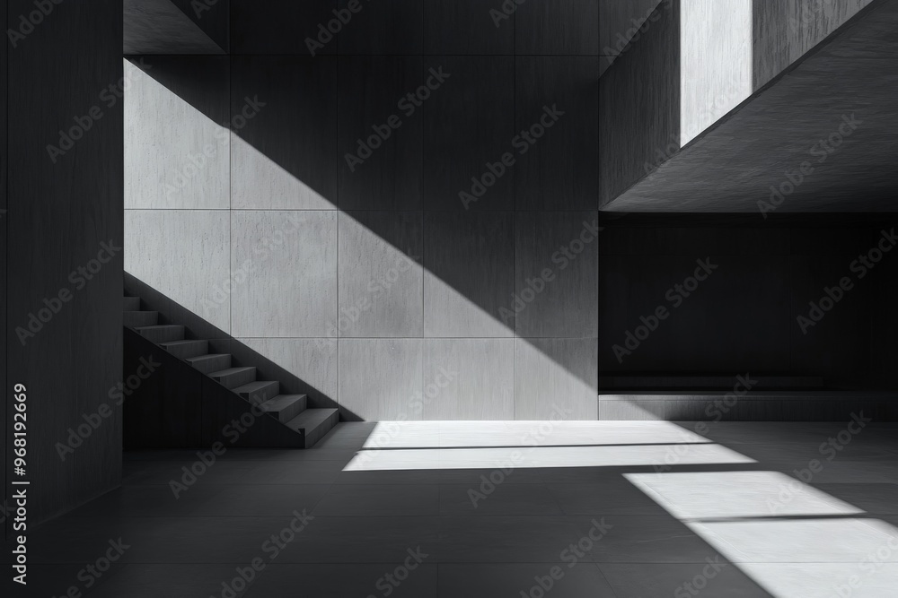 Poster A minimalist interior space featuring sharp lines and structured lighting, creating a dynamic atmosphere with ample natural light streaming through large openings.