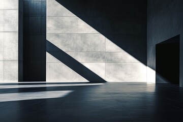 Fototapeta premium A minimalist modern interior showcasing sleek concrete walls with dramatic sunlight shadows, creating a sense of tranquility and architectural elegance in a contemporary setting.