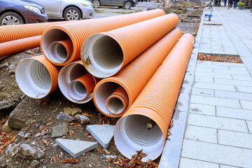 Sewer pipes made of HDPE polyethylene that are ready to be installed