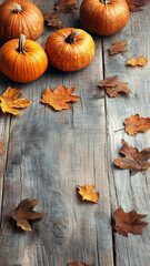 Autumn composition of pumpkins and autumn leaves on weathered wooden background. Poster, mockup, for national pumpkin day. Background or backdrop for autumn.