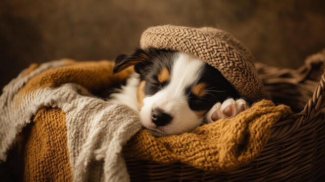 a sleepy border collie puppy cuddled up in a basket of warm blankets, wearing a knitted hat