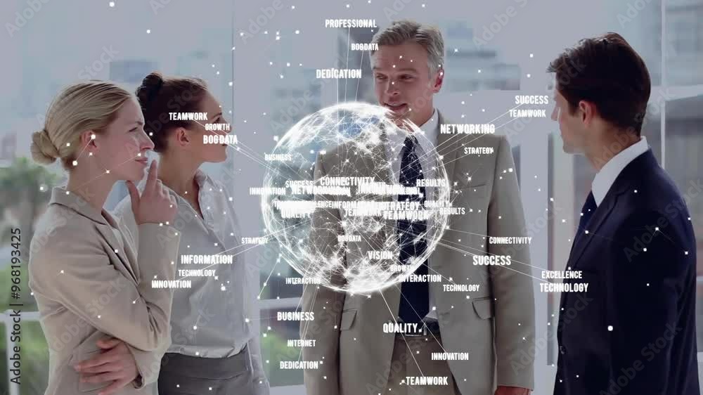 Poster animation of globe with network of connections over diverse colleagues discussing work in office