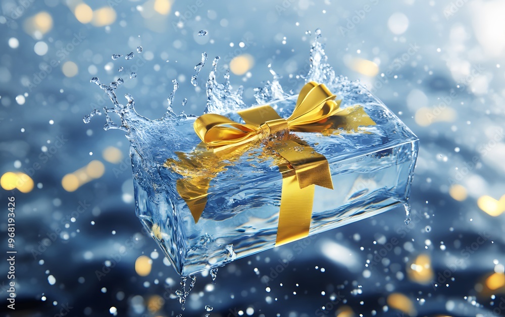 Poster a sparkling gift box with a golden bow splashes through water, creating a stunning visual with refle