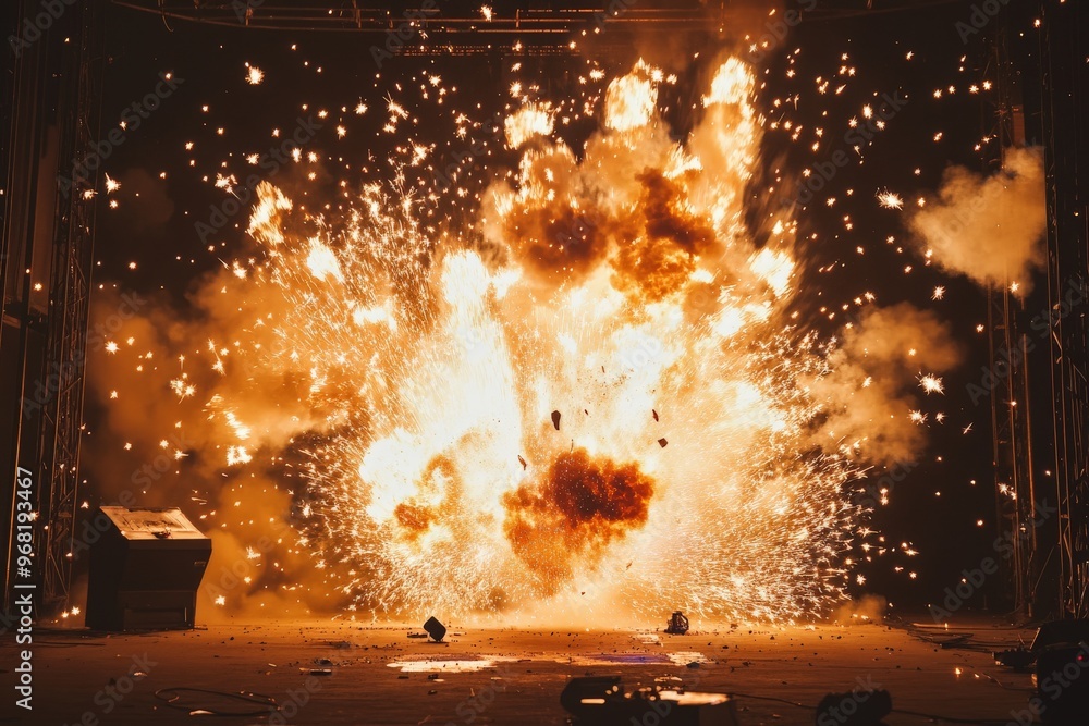 Poster massive fiery explosion captured amidst a night time setting, showcasing an intense burst of energy 