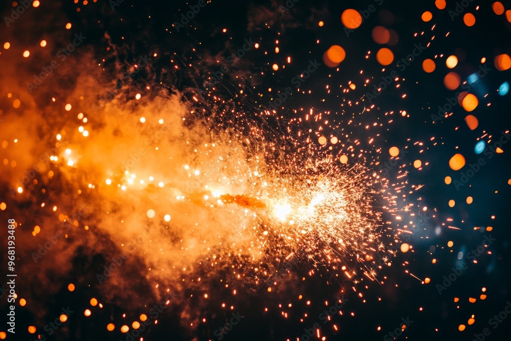 Poster Bright spark shower against dark background captured at night, illustrating intense bursts of energy and light, creating dynamic and vivid abstract patterns.