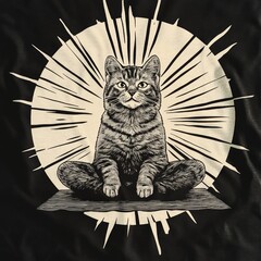 A stylized illustration of a cat sitting calmly against a radiant background.