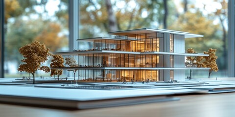 Architectural Model of a Modern Glass Building with Trees and Figures