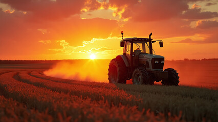 Tractor in Field at Sunset