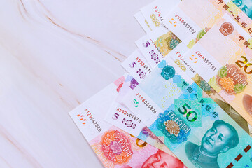 Banknotes issued by China National Bank in different denominations of Chinese yuan